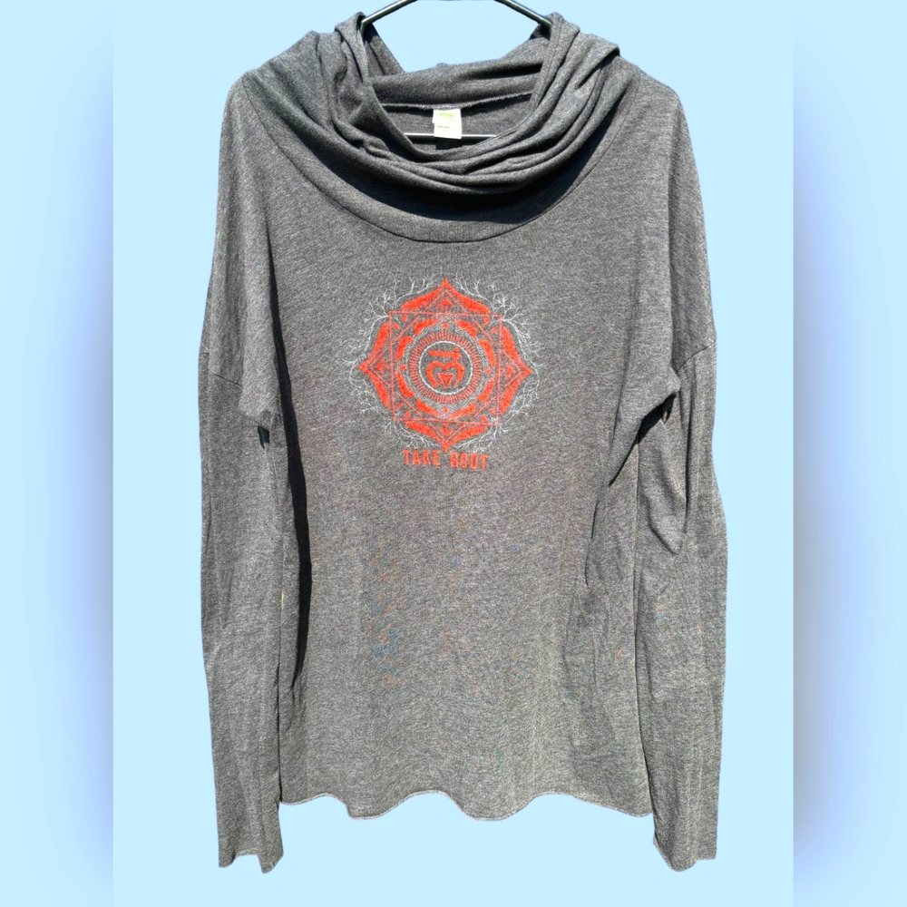 SOUL FLOWER WOMENS ROOT CHAKRA LONG SLEEVE HOODED COWL YOGI BOHO T SHIRT XXL